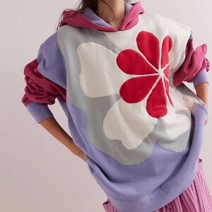 Floral Colorblock Hooded Sweatshirt - Lavender, Pink & Red